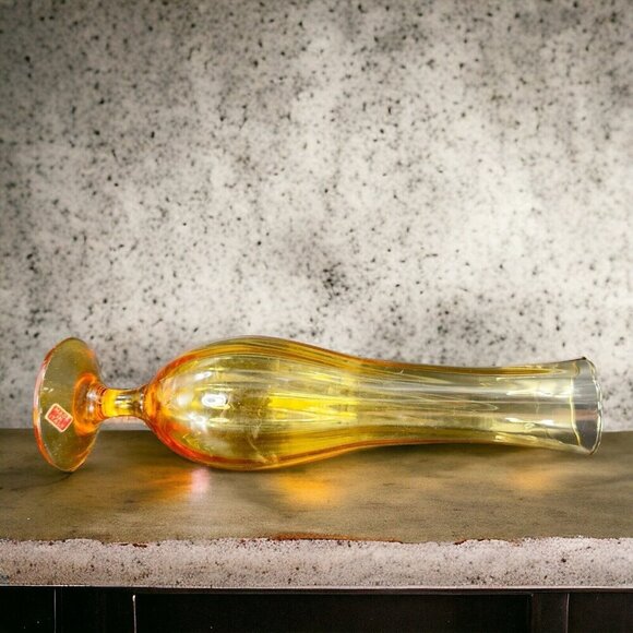 Vintage Venetian Amber Art Glass Vase With Made In Italy Sticker Footed Vase VTG - Picture 2 of 11